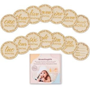 Wooden Baby Monthly Milestone Discs Reversible Photo Props 1-12 Month 7 Pcs NEW
